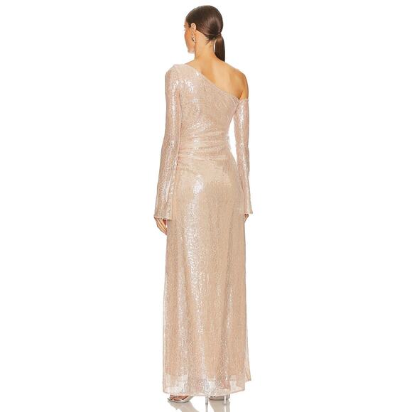 LPA Aniella Sequined Lace Gown Rosette One Shoulder Formal Party Champagne S - Picture 3 of 16